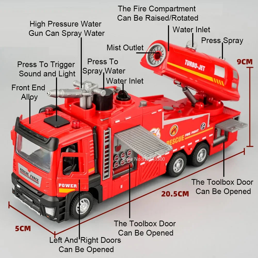 1:32 Scale Water Spray Fire Truck Model Ladder Trucks Toy Car Sound Light Pull Back Doors Opened Vehicle Collection Boys Gift