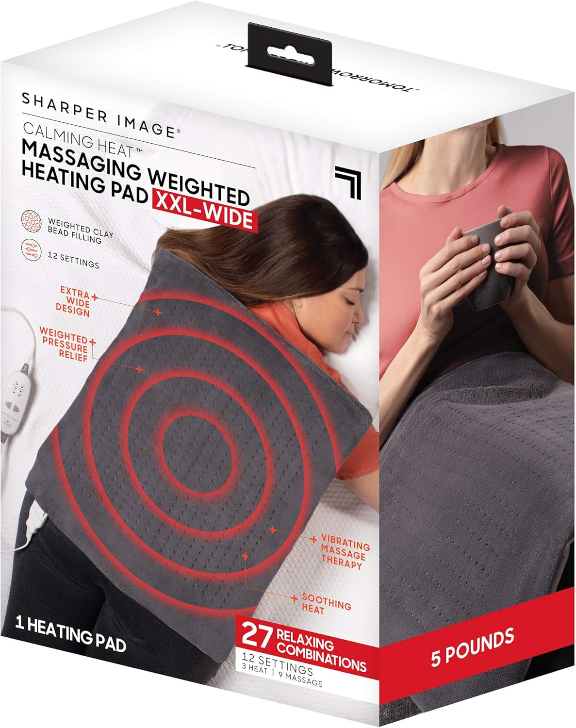 Calming Heat Massaging Weighted Heating Pad by Sharper Image- Weighted Electric Heating Pad with Massaging Vibrations, 9 Settings- 3 Heat, 6 Massage- 18 Relaxing Combinations, 12” X 24”, 4 Lbs