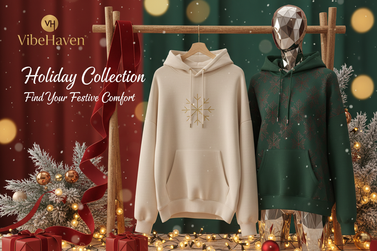 GENERATE A BANNER FOR VibeHaven AND DESIGN IT WITH CHRISTMASS VIBES AND ADD SOME 1 OR 2 HOODIE TO IT AND MAKE IT PROFESSIONAL